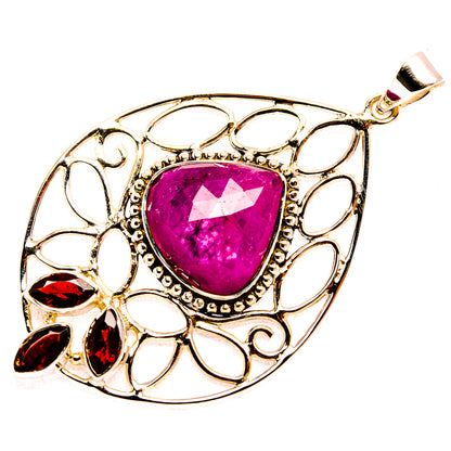 Sterling silver ruby pendant with large teardrop pink gemstone, openwork leaves, hanging bail