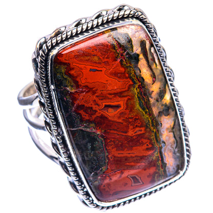 Sterling silver agate ring with raised rectangular red, amber, and dark stone
