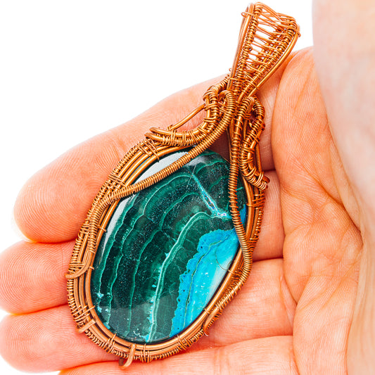Malachite In Chrysocolla Wire Wrap Pendant 3" (Copper)