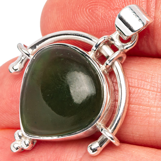 925 sterling silver nephrite jade oval pendant, dark green cabochon, hinged bail