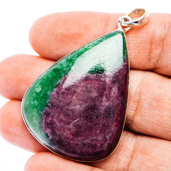 Teardrop fire ruby zoisite pendant in .925 sterling silver, green and deep purple stone