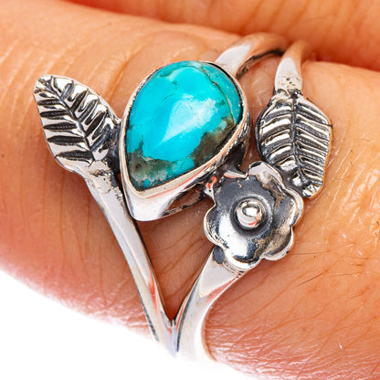 Size 8 sterling silver ring with blue turquoise teardrop cabochon and leaf motifs
