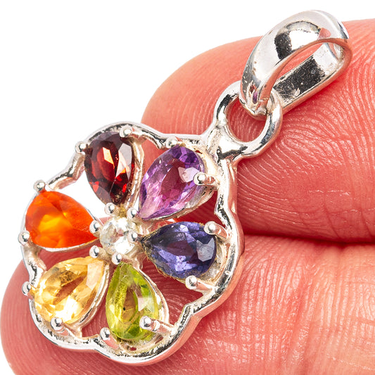 Sterling silver chakra heart pendant with multicolor gemstones and hinged bail