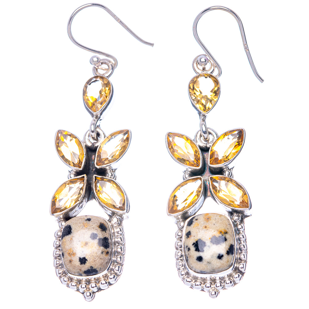 Silver dangle earrings with yellow petal stones and speckled jasper oval drops