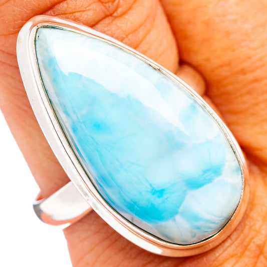 Larimar oval ring in .925 sterling silver, bezel-set blue stone