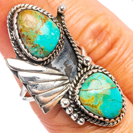 Sterling silver turquoise ring with two oval inlays, braided rope bezel settings