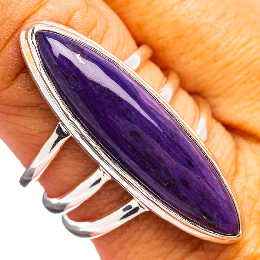 Marquise purple charoite ring in .925 sterling silver, wide bezel setting