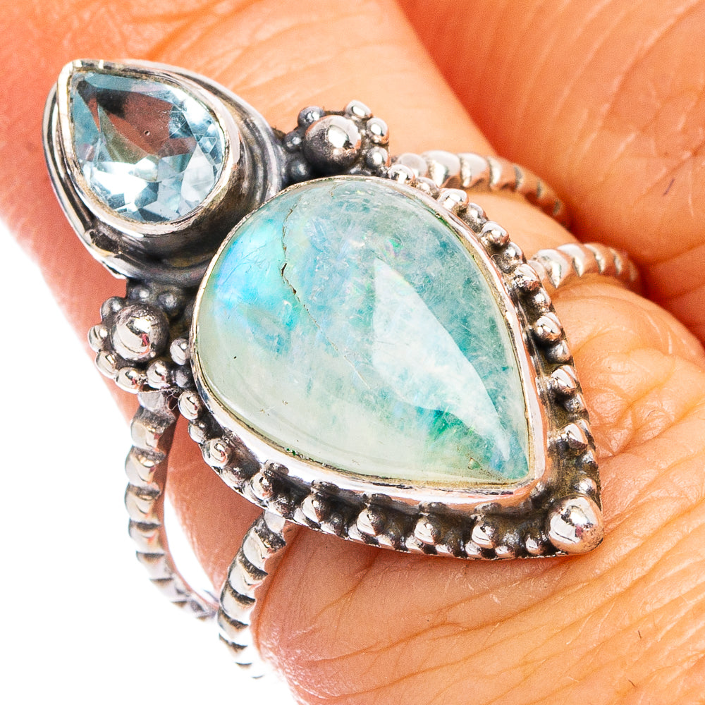 Green Moonstone, Blue Topaz Ring Size 6.75 (.925 Sterling Silver)