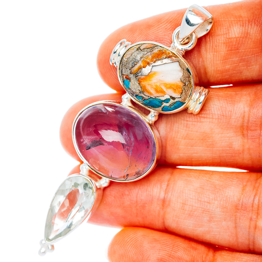 Premium Multi-Gem Spiny Oyster Turquoise, Amethyst, Green Amethyst Pendant 2 3/8" (.925 Sterling Silver)