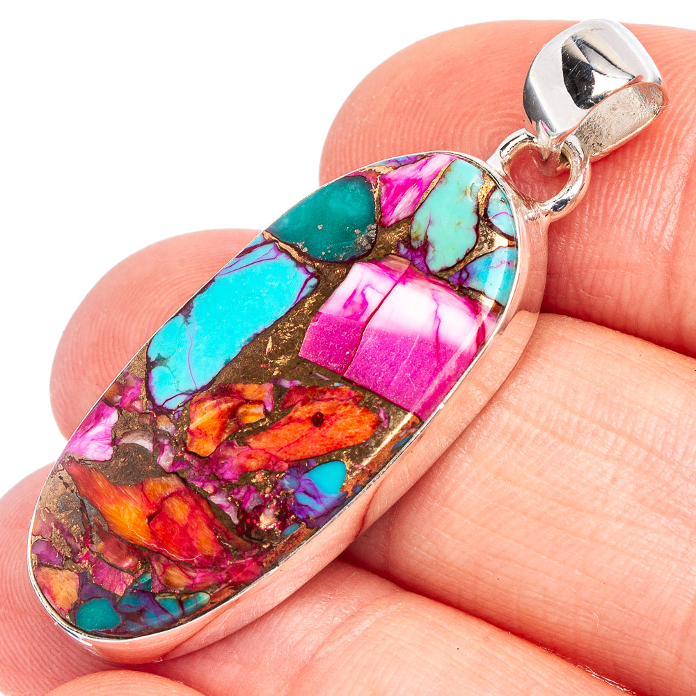 925 sterling silver pendant with oval multicolor stone mosaic inlay