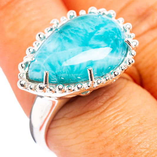 Sterling silver larimar ring with large oval turquoise cabochon and beaded halo