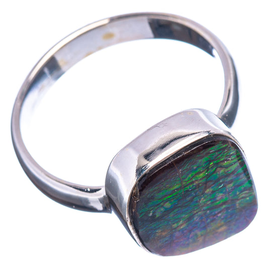 Sterling silver ammolite ring with green-blue iridescent stone in bezel setting