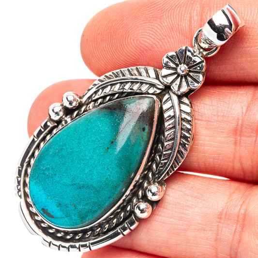 Chrysocolla teardrop pendant in .925 sterling silver with ornate leaf and flower details