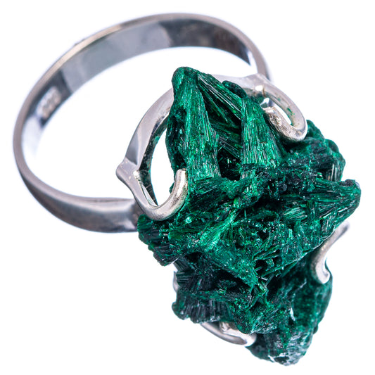Raw malachite crystal ring in .925 sterling silver, dark green rough stone on band