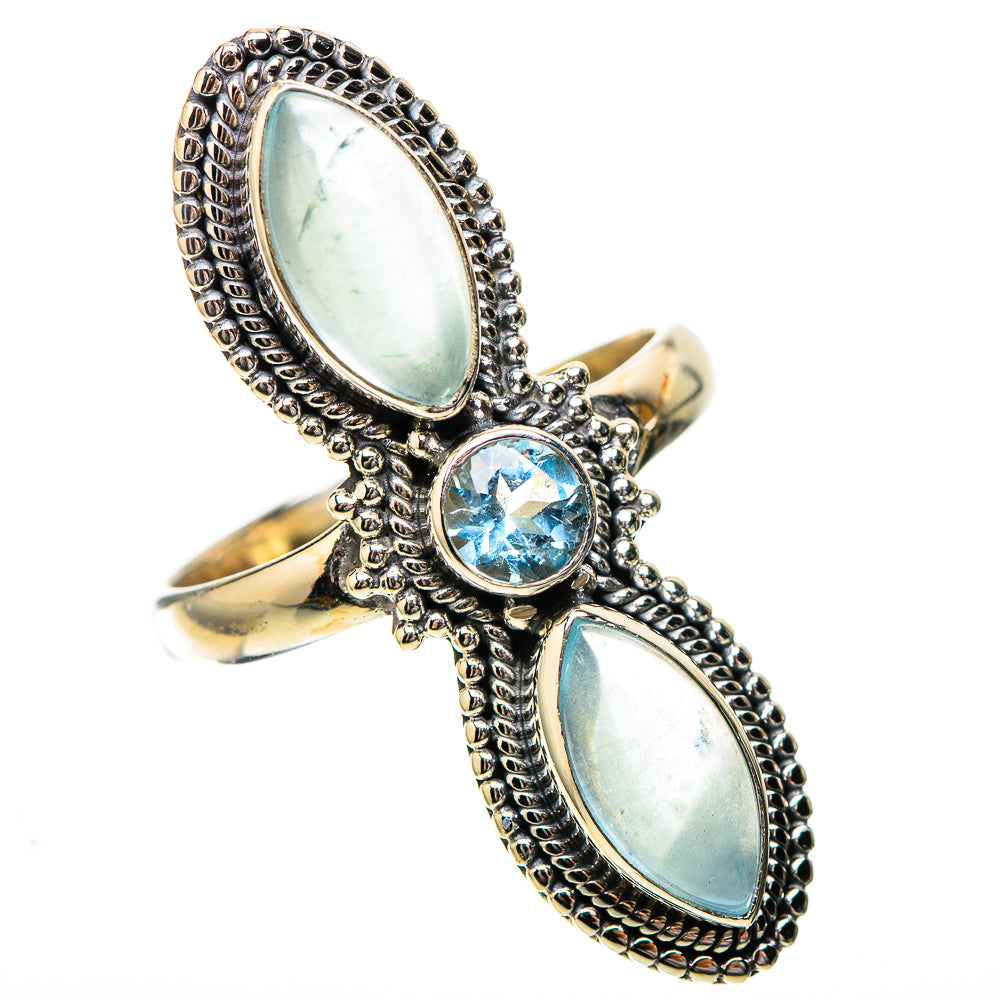 Ornate 925 sterling silver ring, blue round center stone with two oval light stones