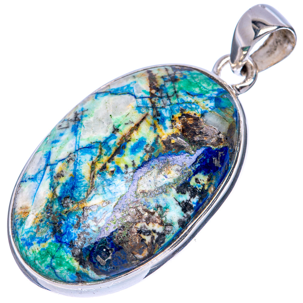 Oval gemstone pendant with blue-green marbled stone and polished 925 sterling silver bail