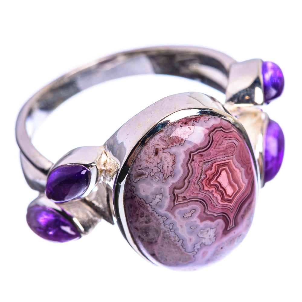 Crazy Lace Agate, Amethyst 925 Sterling Silver Ring Size 8