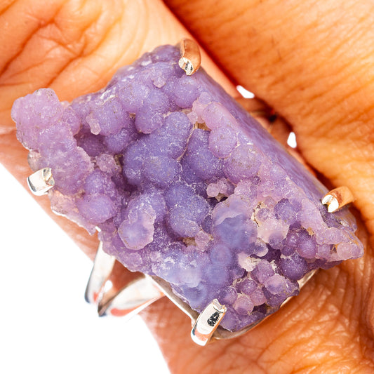 Purple druzy grape agate ring with open silver setting and small prongs
