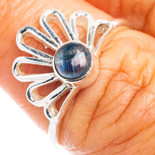 Kyanite dainty ring in .925 sterling silver, daisy-style petals with blue round stone
