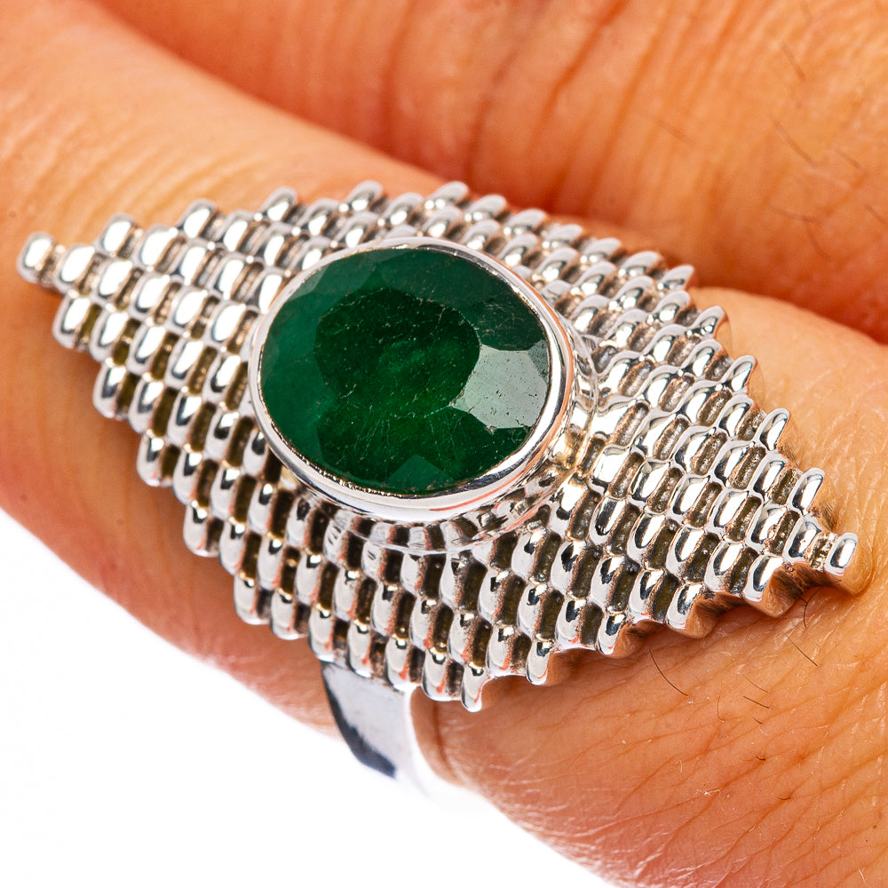 Large green sillimanite ring in 925 sterling silver, round bezel on linked band