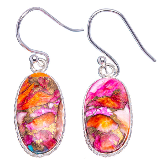 Pair of .925 sterling silver fishhook drop earrings with oval pink, orange, and turquoise mosaic.