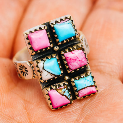 Southwestern silver ring with turquoise & pink square inlay stones in ornate setting
