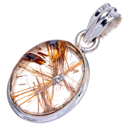 Oval rutilated quartz pendant with golden needle inclusions in 925 sterling silver bezel