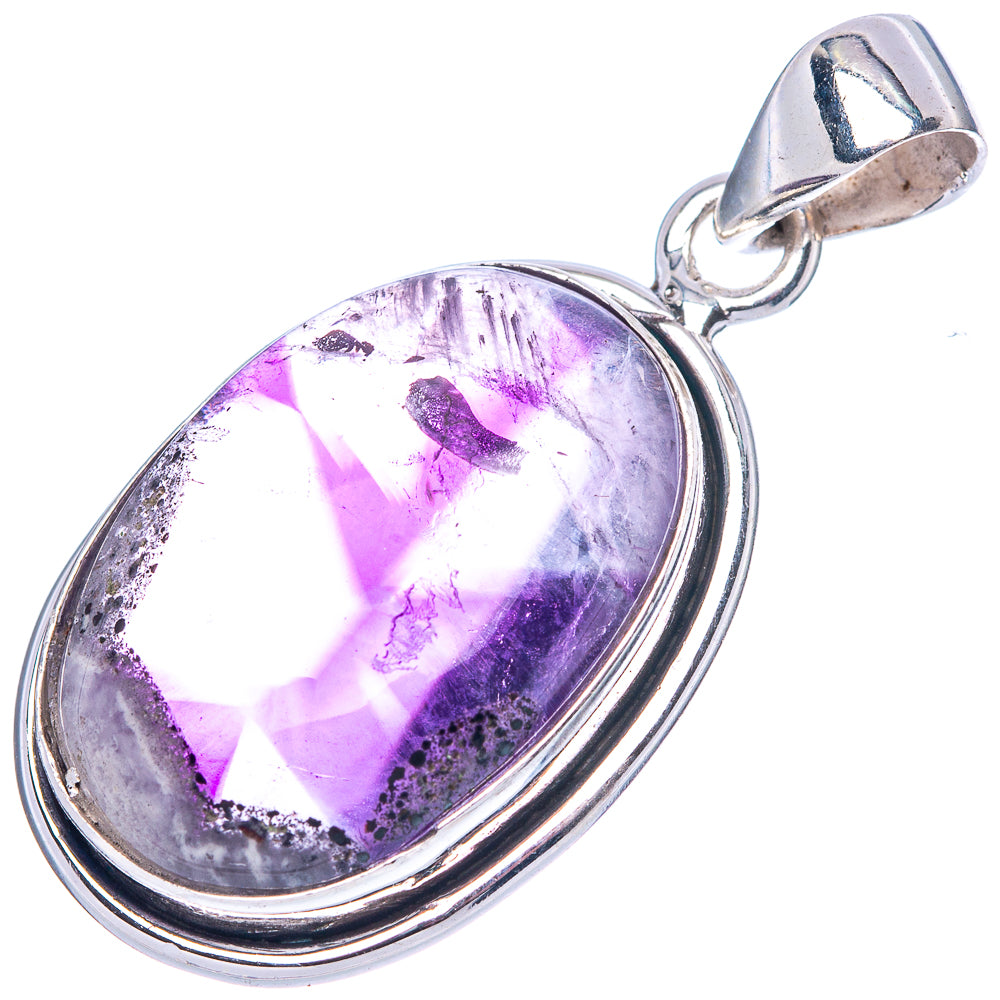 Oval amethyst pendant in 925 sterling silver bezel setting with top bail, angled view