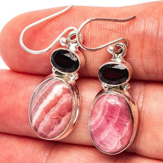 925 sterling silver dangle earrings with pink rhodochrosite ovals and dark garnet tops