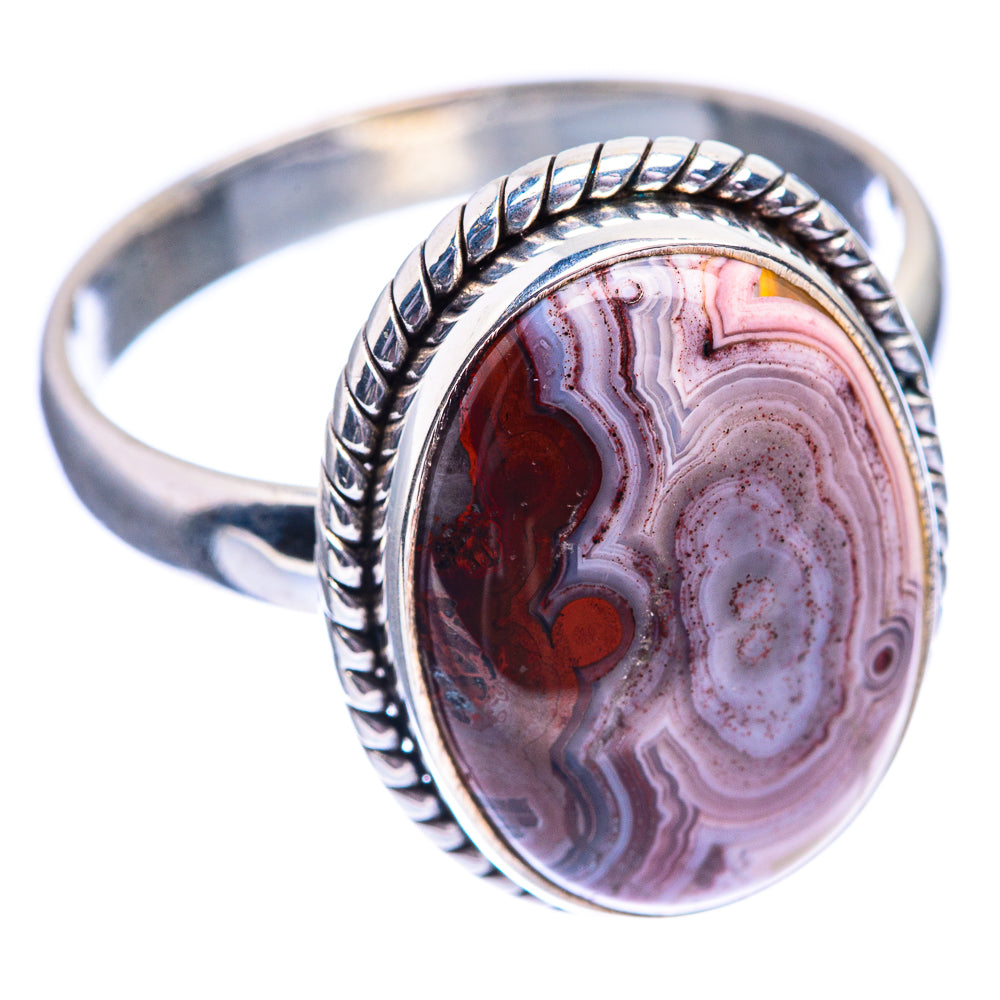 Oval crazy lace agate cabochon ring in 925 sterling silver with braided border setting