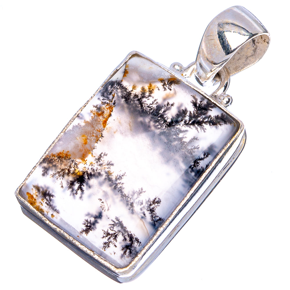 White dendritic agate pendant with black tree-like inclusions, rectangle sterling silver frame