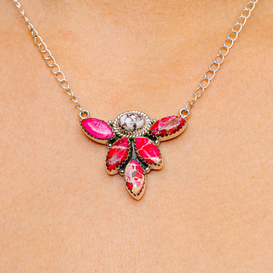 Multicolor pink-red jasper pendant necklace with silver chain