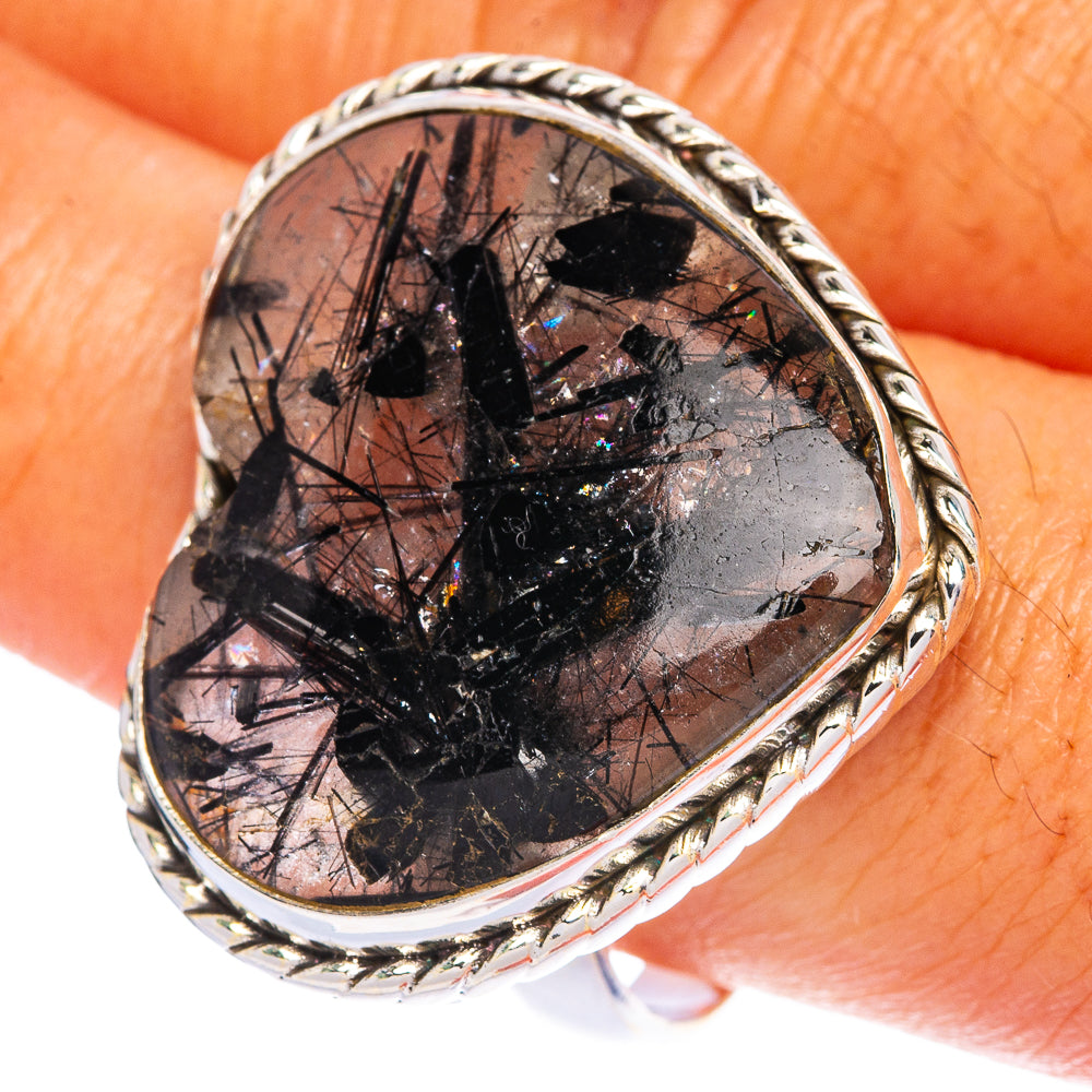 Sterling silver tourmalinated quartz ring with oval dark stone, rope-style band