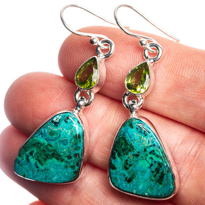 Malachite In Chrysocolla, Peridot 925 Sterling Silver Earrings 1 7/8"