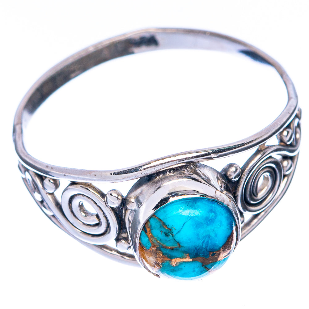 Turquoise cabochon dainty ring in 925 sterling silver with decorative side swirls