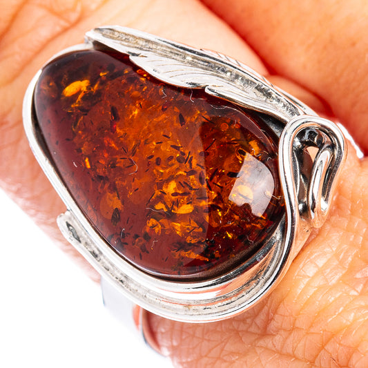 925 sterling silver ring with amber cabochon and side leaf detail