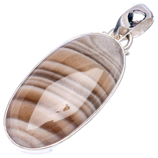 Oval striped flint pendant in .925 sterling silver with hinged bail, polished top loop