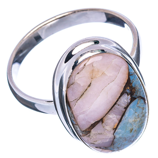 Sterling silver oval ring with turquoise and pink spiny oyster cabochon, side view