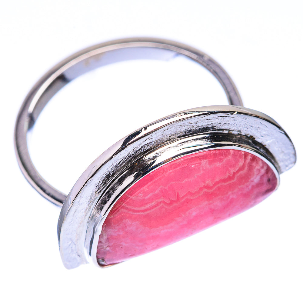 Sterling silver rhodochrosite ring with pink oval stone and curved band detail