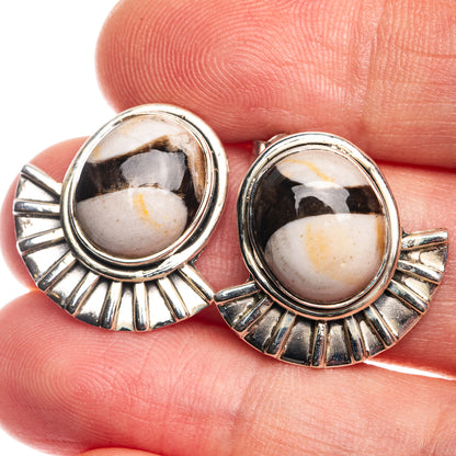 Oval jasper earrings with 925 sterling silver bezel and sunburst prong setting