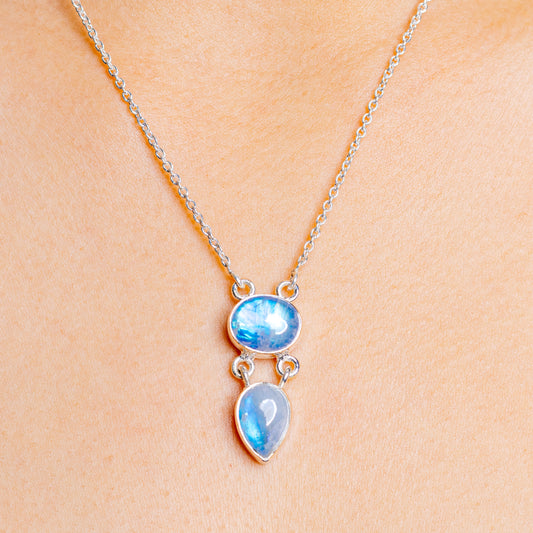 Sterling silver necklace with blue moonstone oval and teardrop pendants