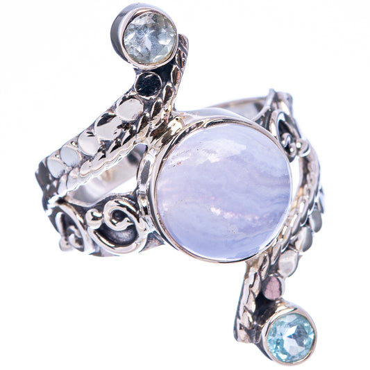 Sterling silver statement ring with large round lavender cabochon and blue gemstone drops