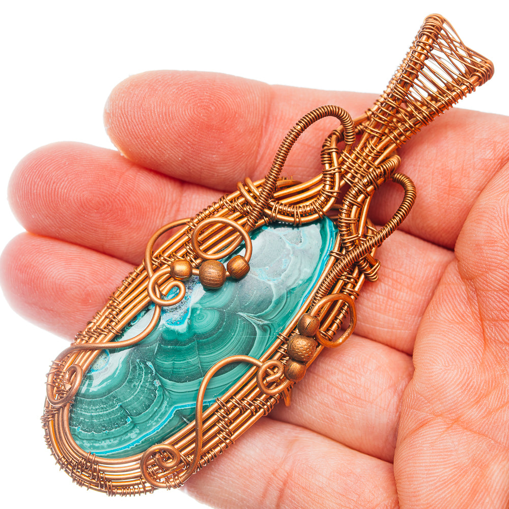 Malachite In Chrysocolla Wire Wrap Pendant 3 1/2" (Copper)