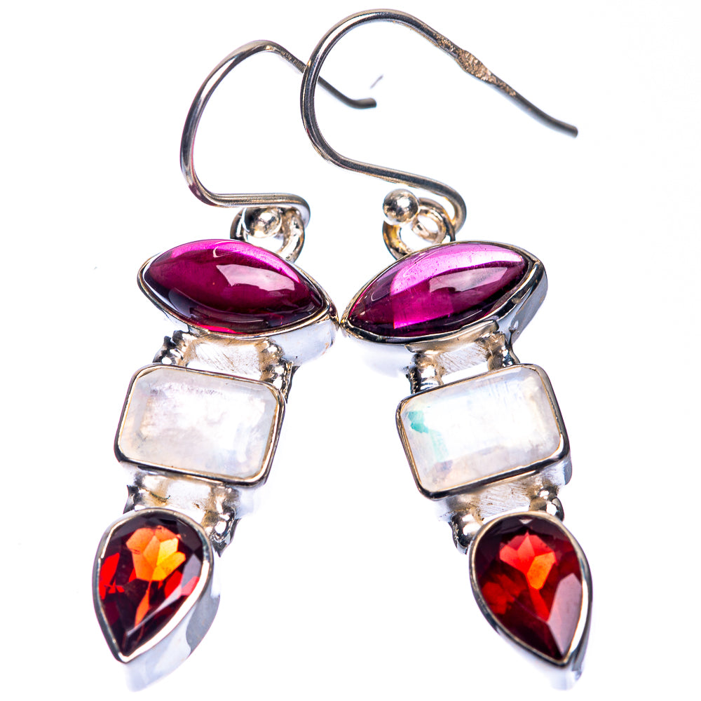 Rainbow Moonstone, Garnet Earrings 1 5/8" (925 Sterling Silver) E432703