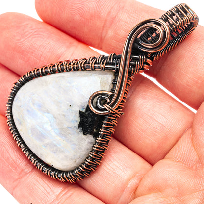 Rainbow Moonstone in Black Tourmaline Wire Wrap Pendant 2 1/4" (Oxidized Copper)