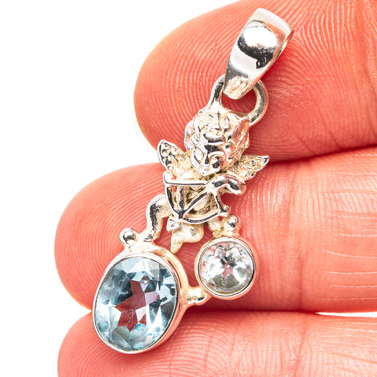 Blue Topaz Angel Motif Pendant 1 3/8" (.925 Sterling Silver)