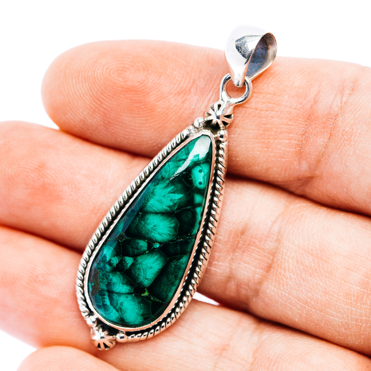 Premium Flower Malachite Pendant 2" (.925 Sterling Silver)