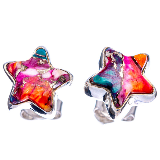 Multicolor star stud earrings with sterling silver backs and scalloped star frames.