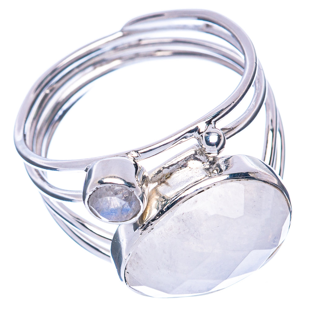 925 sterling silver ring with oval moonstone and small round side stone, silver band
