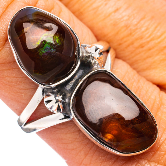 Oval fire agate ring in .925 sterling silver with two stacked dark and amber stones
